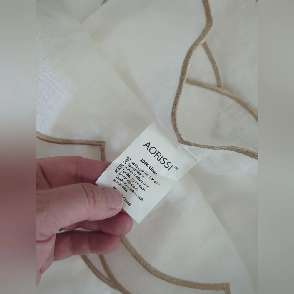 AORISSI 100% Pure Linen Scalloped Embroidery Rectangle Tablecloths 108Lx60W Inch
